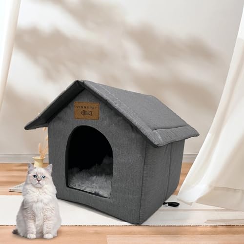 Vinnypet Katzenhaus Für Draußen Winterfest Wasserdicht Wetterfester Katzenhöhle Haustierhaus mit Plüschkissen Warm Hundehöhle Waschbar Hundehaus Tierheim Für Streuner Haustiere 35x35x38