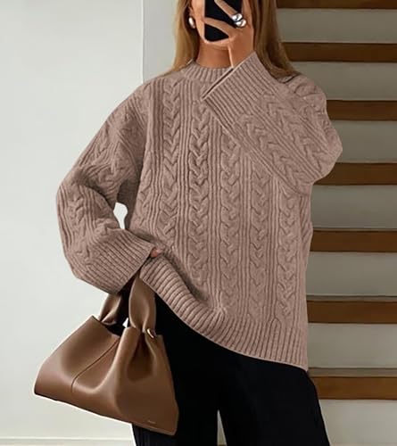 Okiwam Women's Oversized Sweaters Crewneck Cable Knit Pullover Casual Loose Fall Outfits Fashion Clothes 2025