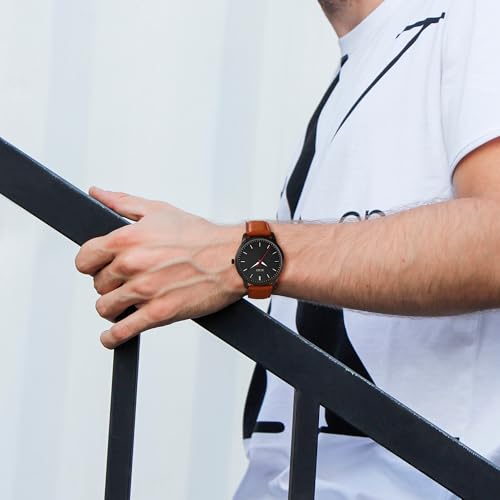Image of BUREI Men's Fashion Minimalist Wrist Watch Analog Date with Leather Strap