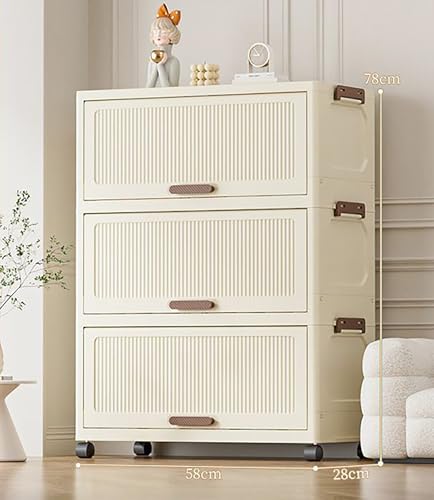 Image of House of Quirk 3-Tier Storage Cabinet with Wheels - Durable Plastic Foldable Wardrobe Organizer with Multiple Compartments, Perfect for Bags, Clothes, and Living Room Storage (Cream)