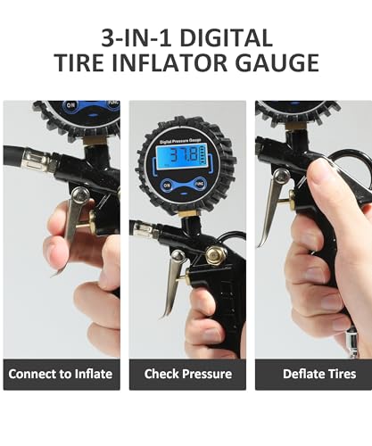 Image of RACOONA Digital Tire Pressure Gauge with Inflator,Tire Pressure Gauge for Cars,Automotive Use 250PSI Air Chuck and Compressor Accessories with Quick Connect Coupler,Car Accessories for SUV,Truck,RV