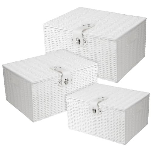 HEIYUET Set di 3 cestini bianchi intrecciati con coperchio e lucchetto, cesto portabiancheria intrecciato con coperchio, in resina, bianco, per regalo, vestiti, piccolo/medio/grande