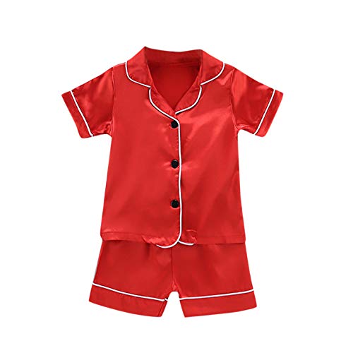 MOOKO Toddler Baby Boy Girls Satin Sleepwear 2 Piece Short Sleeve Silk Pajamas Set Button-Down Nightwear Loungewear Red