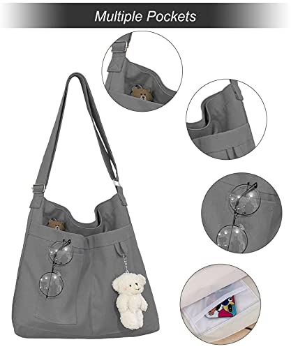 HAN-LBG Canvas Tote Bag with Zip, Women's Hobo Bags with Pockets, Ladies Casual Crossbody Bag Canvas Beach Bags for Daily School Work - Image 4