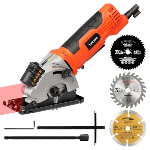 Yunirvana 480W sierra circular, 3500RPM profundidad de corte máxima de 28,5mm, tres piezas de saw blades de 85mm, equipado con guías láser, adecuado para cortar madera, PVC y otros materiales.