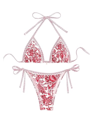Image of BYFINECANY Women's Floral Printed Bathing Suit Halter Paisley Summer Swimsuit Bikinis Set