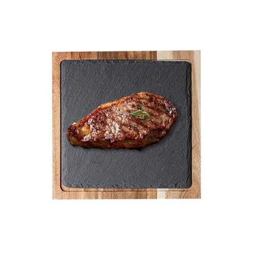 Inscrip Plato de pizarra para servir carne y barbacoa, tabla de queso de madera de acacia y piedra natural, plato de carne para entrantes, plato de salmón, platos llanos occidentales (cuadrado)