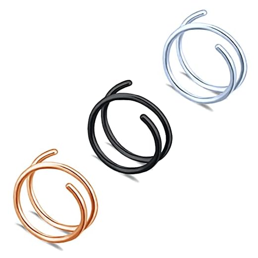 Double Nose Ring Hoop Double Hoop Nose Ring for Single Piercing Surgical Steel Spiral Nose Ring Hoop 18G Double Nose Hoops for Women Men (3 Black Silver Rose Gold 18G)