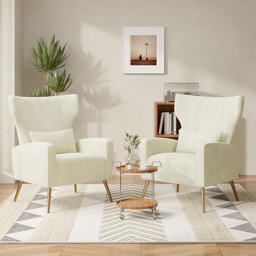 Hawthyhome 2er-Set Relaxsessel/Einzelsofa/Fernsehsessel/Ohrensessel mit Kopfkissen und Gold Metallfüßen aus Samt bis 130kg Schlafzimmer Wohnzimmer Beige