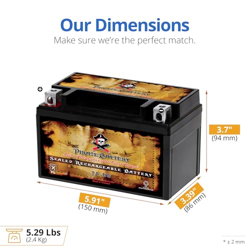 Image of Pirate Battery YTX7A-BS 12V 90 CCA AGM - Maintenance-Free 6 Ah Battery for ATV, Scooter, Dirt Bike, Moped - T3 Nut & Bolt Terminal - Fits GY6 50-125 cc, Honda Recon 250