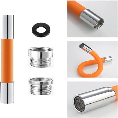 KRIVETY Garden Hose Extension,360°Rotating Foaming Faucet Leader Hose Water Splash-proof with Copper Connector Orange Silincon Pipe for Kitchen Bathroom Garden (ORANGE, 20 CM)