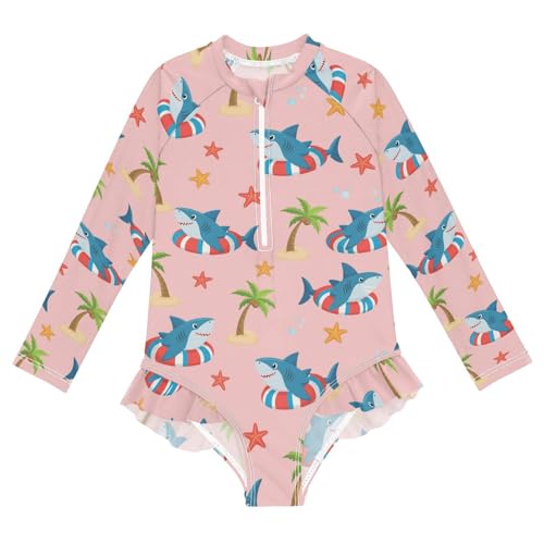 Shark Lifebuoy Palm Starfish Girls Rash Guard Swimsuits Long Sleeve One Pieces Bathing Suit UPF 50+ Zipper Swimwear