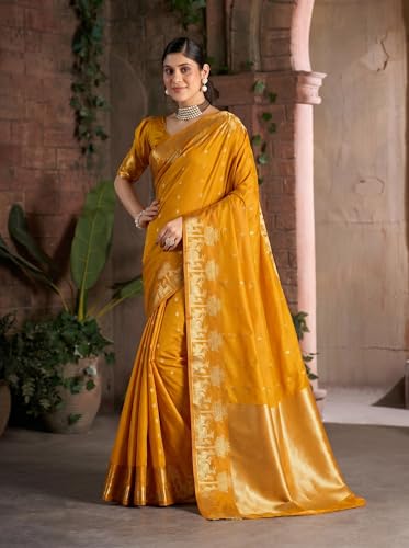 Image of MADHUHANSH Women's Cotton Silk Saree with Unstitched Blouse Piece Zari Weave and Floral Pattern | Heavy Embroidery Saree for Women | Interview Saree for Women | Readymade Blouse with Saree Set