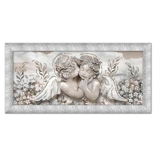 Lupia - Quadro Moderno su tela con Cornice PRINCE Multicolor ANGELS IN FLOWERS MIX SILVER, con Glitter brillantini, 63x133 cm, per Soggiorno, Camera da Letto Testata, Capezzale, Design Elegante
