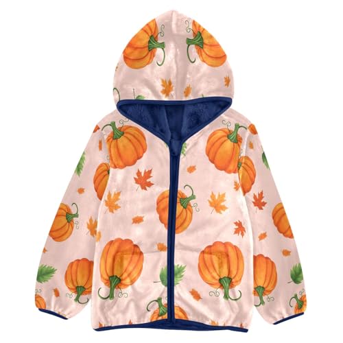 Pumpkin Leaves Pattern on Peach Toddler Fleece Jacket Girl Boys Hooded Fleece Jacket Coat Warm Outwear Zip-up 3-10T