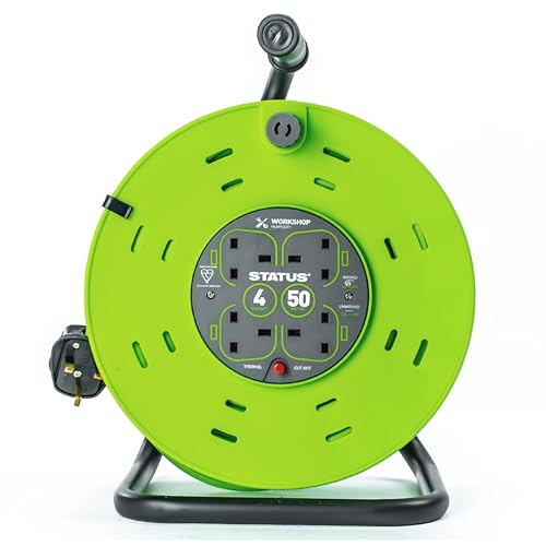 STATUS 4 Socket Cable Reel 50m Green 13 Amp Thermal Cut Out Heavy Duty Outdoor Extension Lead Ideal for Garden Workshop DIY Power Tools (S50M13ACRX1)