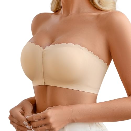 DEANGELMON Wireless Strapless Bras for Women Front Closure Non-Slip Padded Bandeau Bralette Comfort Wavy Edge Tube Top Bra Skin X-Small