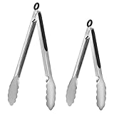 ALLTOP Metal Cooking Tongs,Stainless Steel Food Tong with No-slip Silicon and Locking Ring for Kitchen - 9 &12 inch,Set of 2-Black