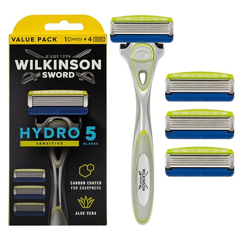 Wilkinson Sword - Hydro 5 Sensitive Rasierer für Männer, Rasiergriff + 4 Rasierklingen, Feuchtigkeitsspendende Gel-Pools und Hautschutzbügel