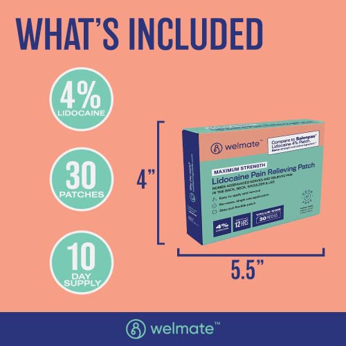 Welmate | 4% Lidocaine Numbing Patch | Maximum Strength | For Aches, Pains, Back, Neck, Shoulder, Muscle Soreness, & Joint Pain | Arthritis | Topical Analgesic | Unscented Lidocaine Patch | 30 Count #TOP5