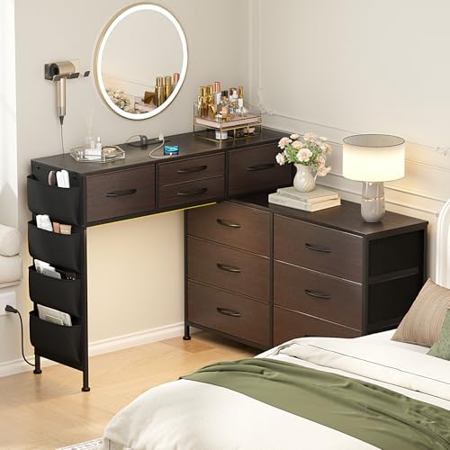 Catálogo para Comprar On-line Tocador Walmart para comprar hoy. 45 FABATO Vanity Tocador con Diseño Giratorio 90°, Luces LED RGB - Tocador para Recamara con Estación De Carga - 10 Cajones De Almacenamiento, Bolsas Laterales - Color Café