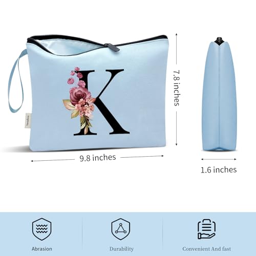 Image of Vavabox A-Z Personalized Makeup Bag, Birthday Gifts for Women Mom, Gifts for Best Friend, Bride Bridesmaid Cosmetic bag (K, Blue)