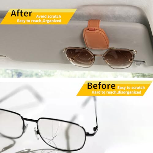 Image of Yuoyar 2 Packs Sunglasses Holders for Car Visor - Magnetic Leather Sunglasses Holder and Ticket Card Clip - Car Visor Accessories (Orange)