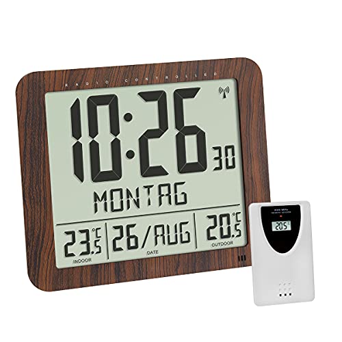 TFA Dostmann Radio Wall Clock Wood Look 60.4518.08 with Outdoor Transmitter Indoor and Outdoor Temperature Easy to Read with Date and Day of the Week Brown