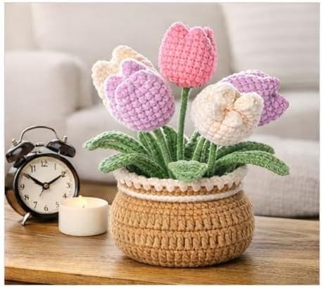 Handmade Crochet Tulip Flowers in Pot, Pink and Purple Decorative Artificial Plant with Adjustable Stems, Home Decor Gift image 5