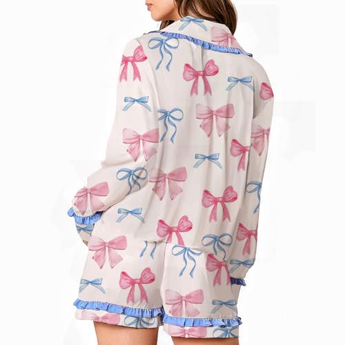 Image of Tenopuli Women Silk Satin Pajama Set Heart Print Bow Tie Long Sleeve Top Shorts Sleepwear Cute 2 Piece Loungewear
