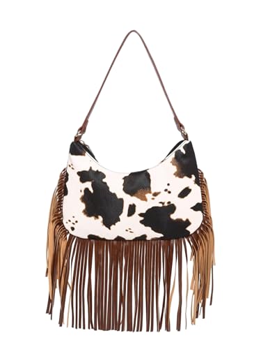 OYOANGLE Womens Boho Cow Print Fringe Underarm Handbag