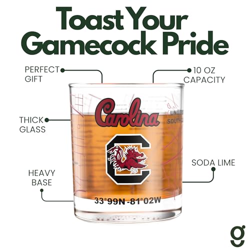 Image of Greenline Goods University of South Carolina Gamecocks Whiskey Glasses Set of 2, 10 oz Rocks Glasses with Full-Color Logo & Campus Map - Officially Licensed Bourbon Glass Gift for Alumni & Fans