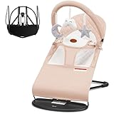 Picture of HKAI Baby Bouncer, Portable Baby Bouncer Seat for Babies 0-18 Months, 100% Cotton Fabrics, 3 Modes of use with Rocker and Stationary Options, Infant Rocker Chair with Hanging Toys-Organic Oat