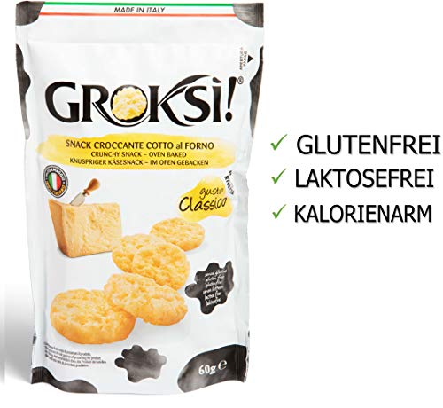 GROKSi! Classico 1x 60g laktosefrei glutenfrei ohne Kohlenhydrate Snack aus Italien Käse Parmesan Cracker Protein, Grana Padano, 60 g