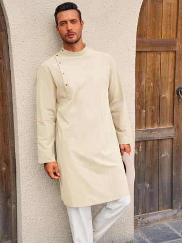 Image of Runcati Mens Kaftan Thobe Robe Long Sleeve Cotton Henley Shirt Casual Muslim Gown Salwar Kurta