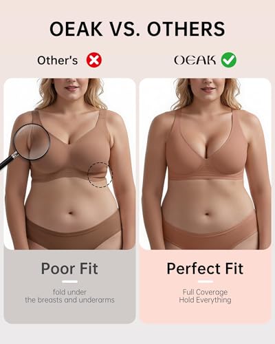 Image of OEAK Womens Deep V Bras Wireless Comfortable Bra Supportive No Underwire Bras Tshirt Push Up Bralettes Plunge Seamless Bra Latte XL