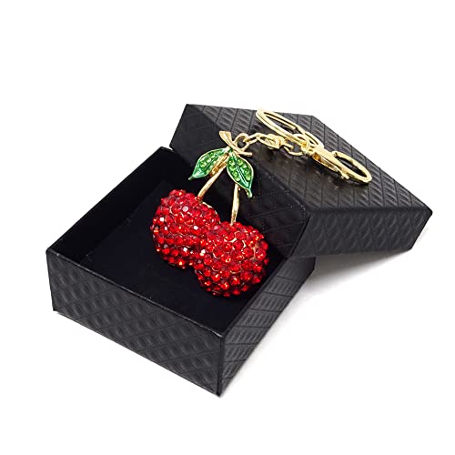 Honbay 1Pcs Rhinestone Cherry Keychain Sparkling Fruit Cherry With Leaves Keyring In A Box For Bag Purse Wallet Cellphone Or Car Pendant #TOP2