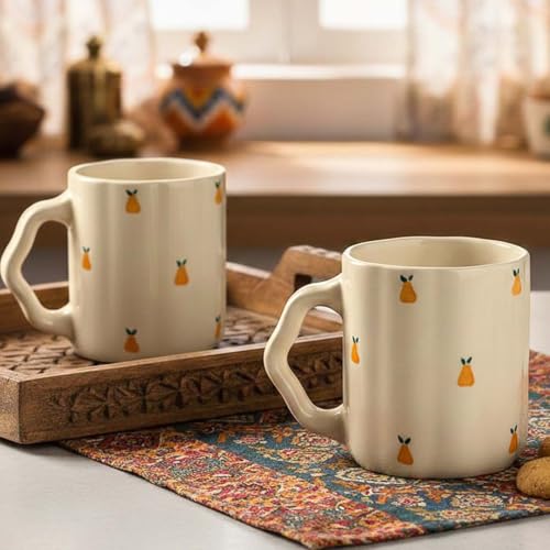 Image of The Earth Store Cream Pear Coffee Mug - 300ML Ceramic Coffee Mugs Set of 2 | Microwave & Dishwasher Safe Mugs for Gift | Home | Office | Restaurant | Daily Use