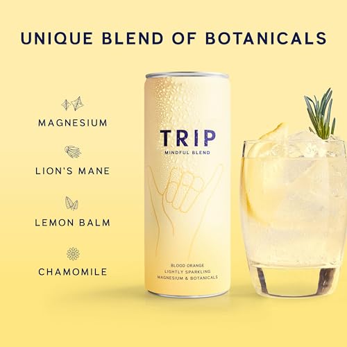TRIP Blood Orange Sparkling Drink with 120MG calming Magnesium + Lion’s Mane + Chamomile + Lemon Balm. Low Calorie, No Added Sugar and Vegan (Pack of 12 x 250ml)
