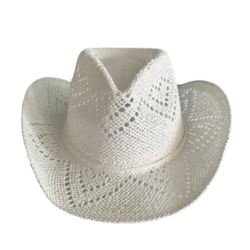 Men Womens Western Cowboy Cowgirl Straw Hat with Shapeable Brim Unisex Hollow Out Woven Roll Up Summer Sun Hat (White ONE Size)