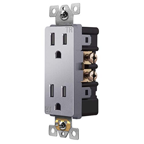 Image of ENERLITES, Silver Elite Series Decorator Receptacle Outlet Child Safe Tamper-Resistant, Self-Grounding, 2-Pole, Residential Grade, 15A 125V, UL Listed, 61501-TR-SV