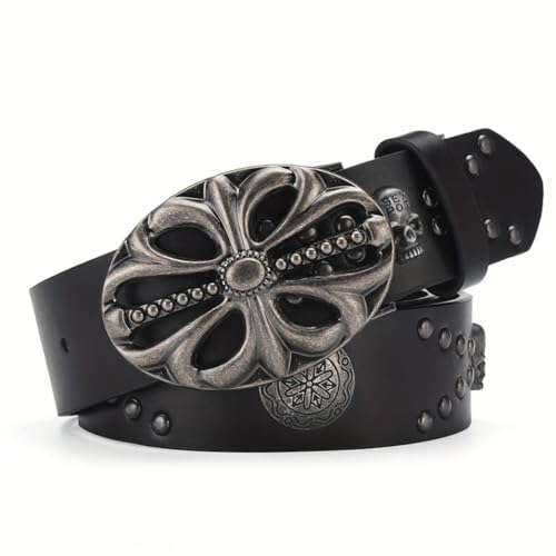 OATSBAS Men's Belt Bohemian Style Vintage Skeleton Women's Riveted Belt Hip Hop Punk Rock Y2K Belt (Black, 43inch)