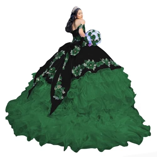 Off Shoulder Mexican Quinceanera Dresses with Bow Organza Embroidery Prom Dress Puffy Ruffle Sweet 15 16 Dresses