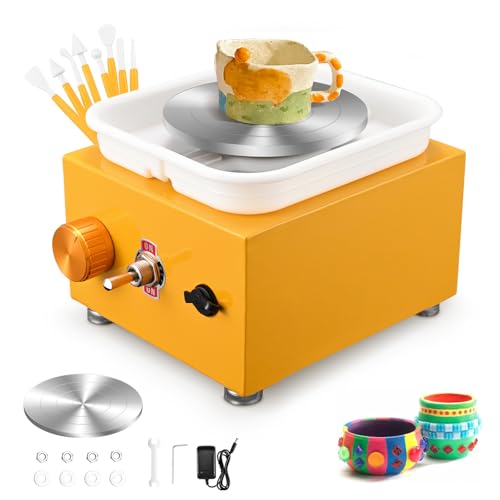 Mini Electric Pottery Wheel Couleeur 2000RPM & 10/6.5cm Plates Turntable Pottery Machine Adjustable Speed Pottery Wheel with Shaping Tools for Pottery DIY Shops Pottery Teaching(Yellow)