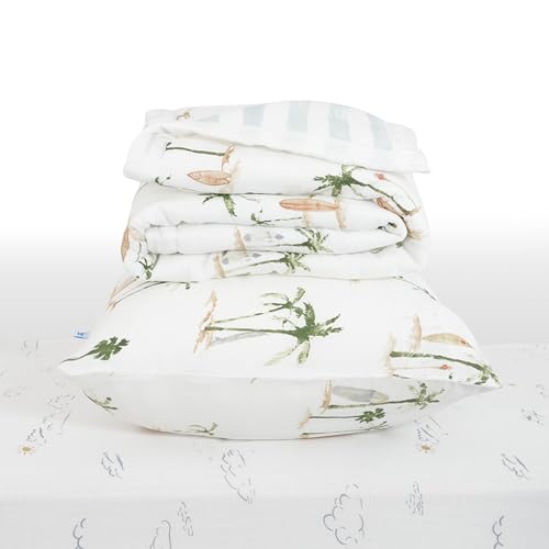 Image of Little Unicorn Toddler Bedding 3-Piece Set | Includes Comforter, Crib Sheet & Pillowcase | Soft & Breathable Muslin Fabric | for Convertible Cribs & Toddler Beds (Palm Paradise)