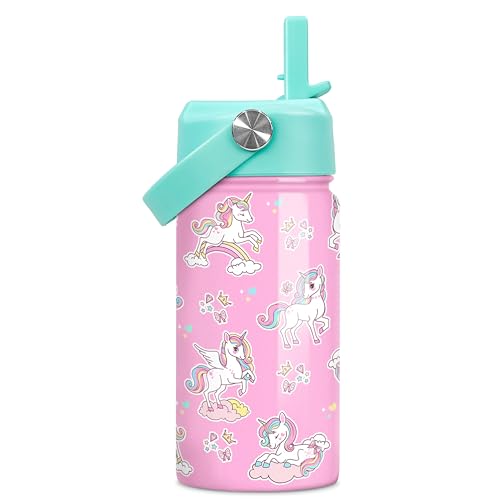 Image of SANDJEST Unicorn Water Bottle - Kids Water Bottle with Straw Lid - 12 Oz Insulated Stainless Steel Water Bottles for Kid Girls - Travel Cup for School Sports