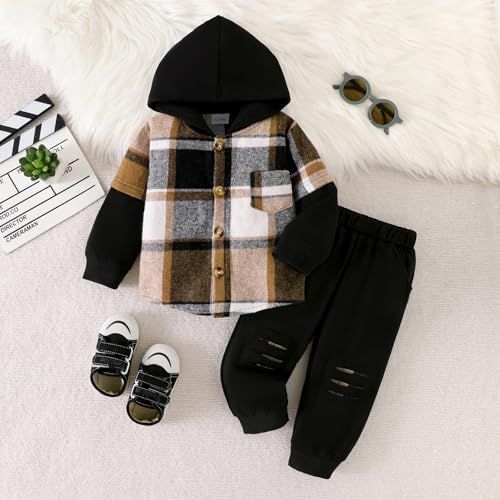 Toddler Baby Boys Clothes 2Pcs Fall Winter Outfits Sweatsuit Button Flannel Plaid Shirt Hoodie Ripped Pants 12M-5T2