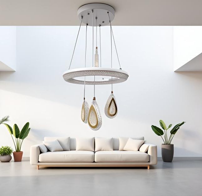 Image of Lyse Decor Metal, Acrylic Chandelier, Jhumar Light for Hall Ceiling, Jhoomer for Living Room, Creative 3 Ring Hanging Pendant Lamp with Height-Adjustable for Bedroom, Dining Room (White)