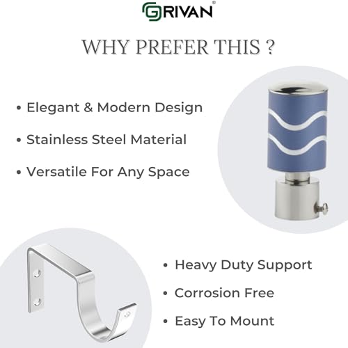Image of GRIVAN Stainless Steel Curtain Rod Finial Bracket Set | 1-Inch Wall Mount Holders for Door & Window with Knobs & Fittings (Blue, Pair of 5)