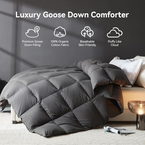 L LOVSOUL Goose Feather Down Fiber Comforter King Size, 100% Organic Cotton Fabric Duvet Insert,1200TC,750+Fill Power, Hotel Collection, All Season Grey Bedding Comforters with 8 Tabs